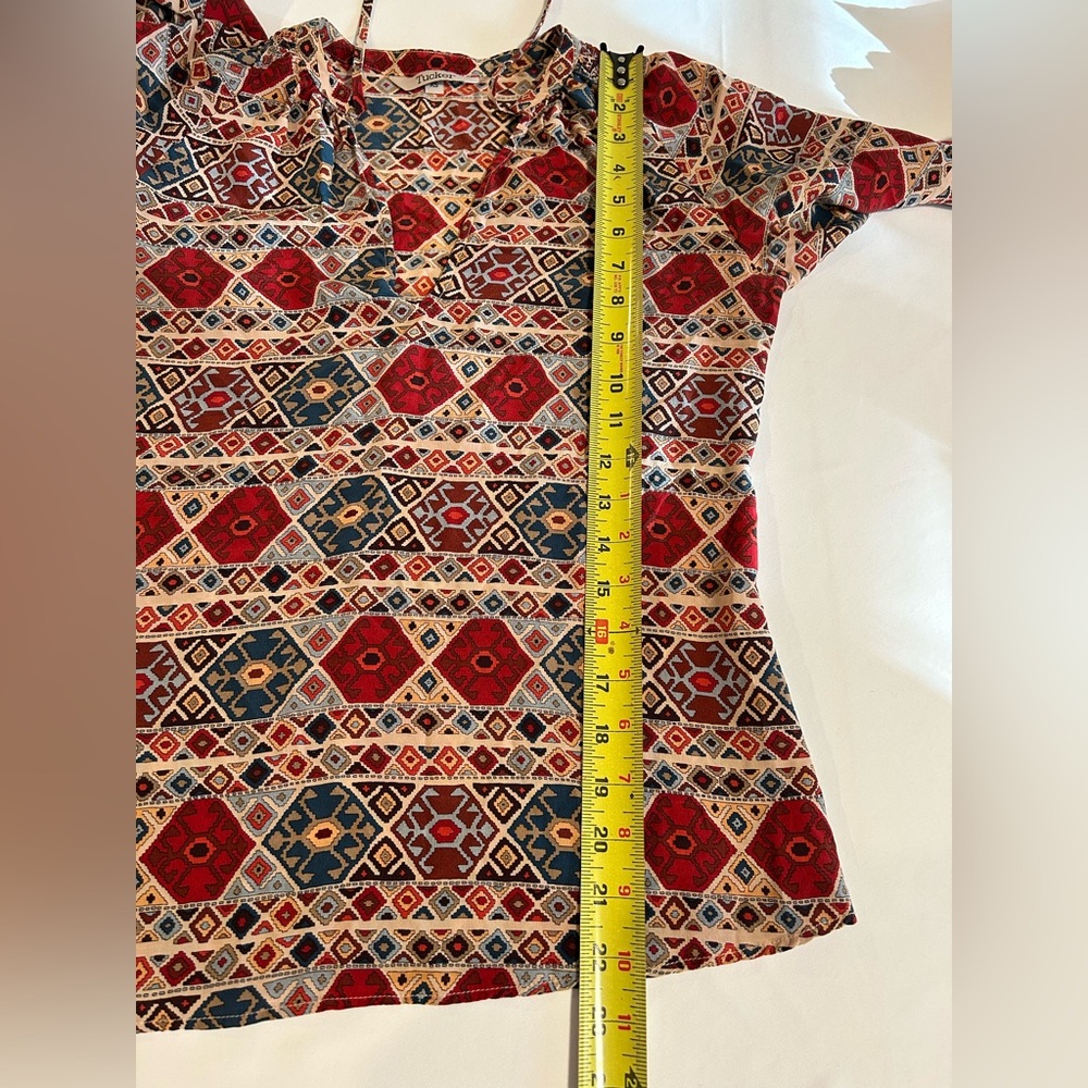Tucker 100% silk Geometric print blouse XS boho long sleeve USA made - Picture 12 of 13